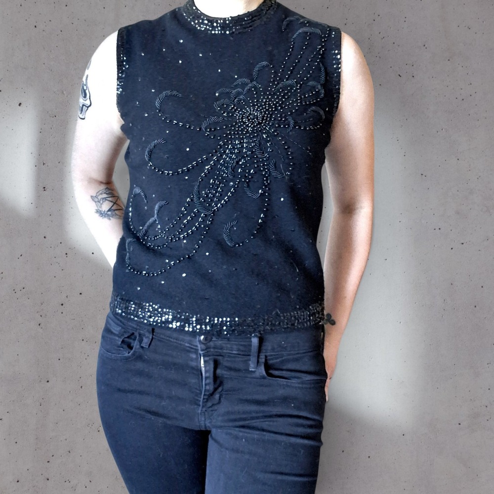 Vintage 60s Hand Beaded Lambswool Angora Black Sequin Mock Neck Top Hong Kong S